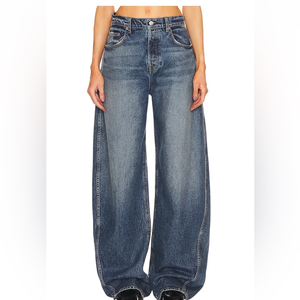 GRLFRND Wide Leg Flare Jeans in Washed Blue